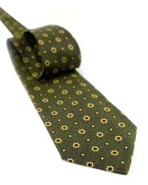 Flowers And Squares Tie in Forest Green/Yellow/Chocolate Brown